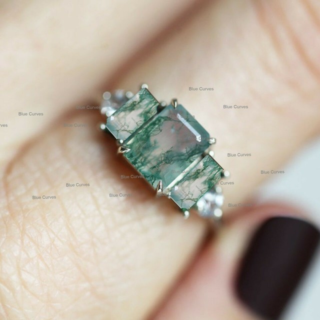 Unique Baguette Moss agate With Diamond Ring 14k White Gold Fine