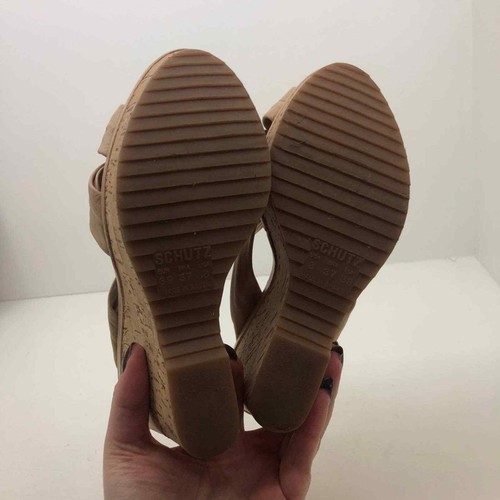 Schutz front knot tan beige wedge high sandal leather open toe summer women 8 - Picture 4 of 7