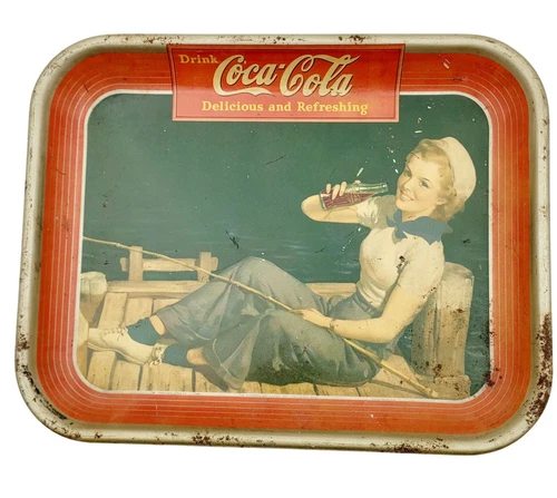 Vintage 1940 Coca-Cola Metal Tray-Sailor Girl on Pier Fishing Made in USA