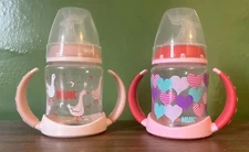 2 NUK Learner Bottle Sippy Active Cup Baby Feeding 5oz Hearts Ducks Pink Handle