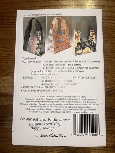 Scrap Bags Sewing Pattern by Jamie Kalvestran SCB201 New - Picture 2 of 4