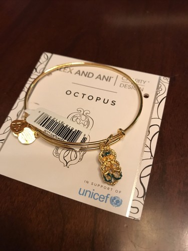 NWT Alex and Ani Octopus Charm Bracelet Bangle Shiny Gold UNICEF Charity - Picture 2 of 3