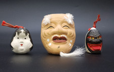 3 Japanese Dorei/Clay Bells (Oni, Okina Noh, Okame Painted Designs)