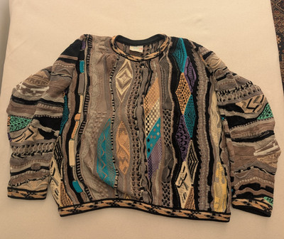 Coogi Australia 90er 3D Strick Pullover L mercerisiert Baumwolle mehrfarbig Vintage grau