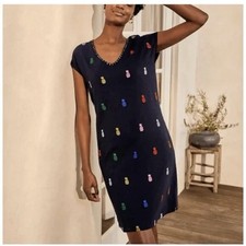 Boden Polly Embroidered 100% Cotton Coastal Preppy Resort Shift Dress 4L Navy
