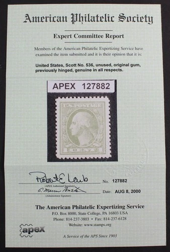 CKStamps: US Stamps Collection Scott#536 1c Washington Mint VLH OG APS Cert