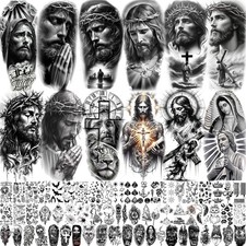 73 Sheets God Jesus Christ Temporary Tattoos For Men Adults, Religious Black