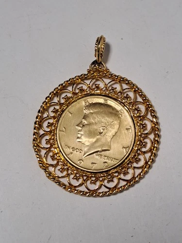1972 Kennedy Half Dollar Gold Tone Filigree Pendant