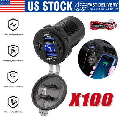 12V-24V PD+QC3.0 Dual USB Car Fast Charger Power Socket Outlet LED Voltmeter LOT