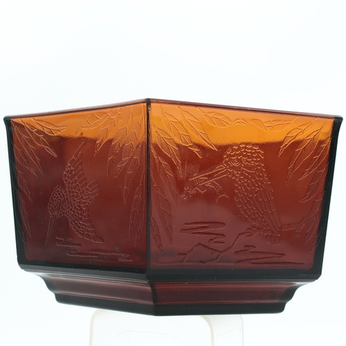 Sherdley Kinfishers Amber Glass Hexagonal Bowl Art Deco 1930s - Picture 7 of 20