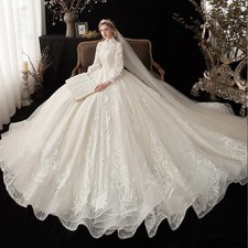 Shinny Wedding Dresses High Collar Covered Button Long Sleeves Ball Bride Gowns