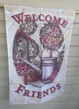 WELCOME FRIENDS decorative flag Watering Can Birdhouse Gardener 26"x35" Pansies