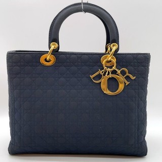 Authentic Christian Dior Lady Dior Cannage Nylon Navy Handbag NS051159