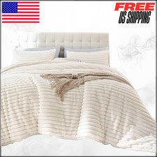 Fluffy Queen Comforter Set 3pc Cream White Fleece Faux Fur Luxury Fuzzy Bedding