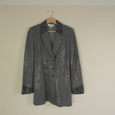 St John Evening Santana Knit Jacket Womens 8 Gray Paillettes Long Double Breast