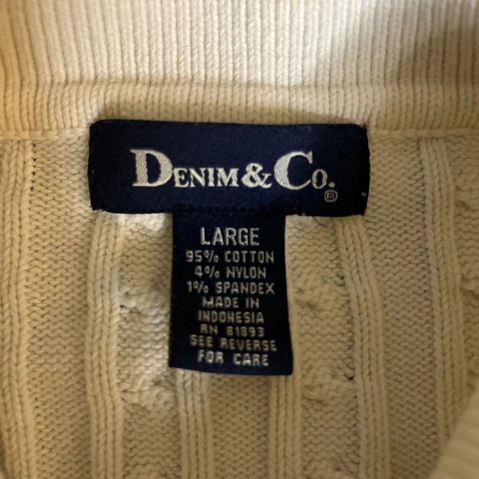 WOMENS DENIM & CO. WHITE IVORY CABLE KNIT COLLARED CARDIGAN SWEATER L  - Image 3 of 4