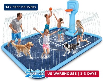 Splash Pad for Kids & Dogs, 138x118'' Large Sprinkler Pad with Basketball Hoop,