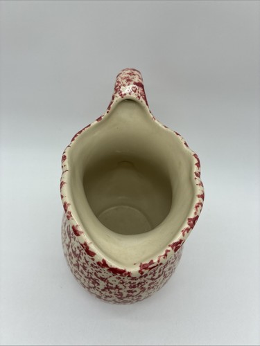 Vintage Henn Pottery Cranberry Red Spongeware Large Pitcher Jug 8” - Picture 4 of 7