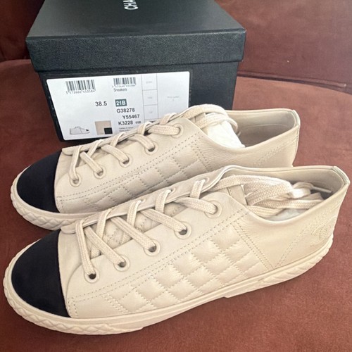 CHANEL Quilted Low Top Lace-Up Leather Sneakers Beige/Black Toe Cap
