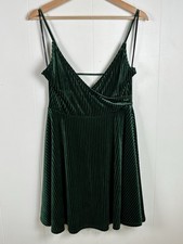 Forever 21 Womens Large Babydoll Shiny Plush Mini Dress Green Spaghetti Strap