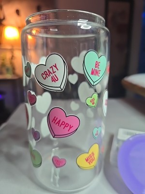 16 Oz Heart Custom Libbey Glass Cup With Acrylic Lid And Straw. 