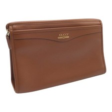 Gucci Brown Calfskin Leather Clutch with Gold Vintage Logo