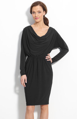 black draped jersey dress Asymmetric cape-effect embellished draped jersey dress - black