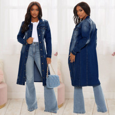 Lady Distressed Hole Over Knee Long Denim Jean Jacket Slim Fit Trench Coat Tops