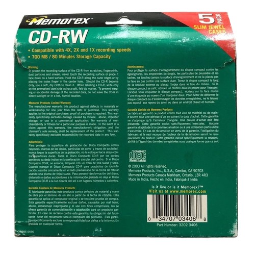 Discos de computadora regrabables Memorex CD-RW 4x multi velocidad 80 minutos 700 MB paquete de 5 - Imagen 2 de 3