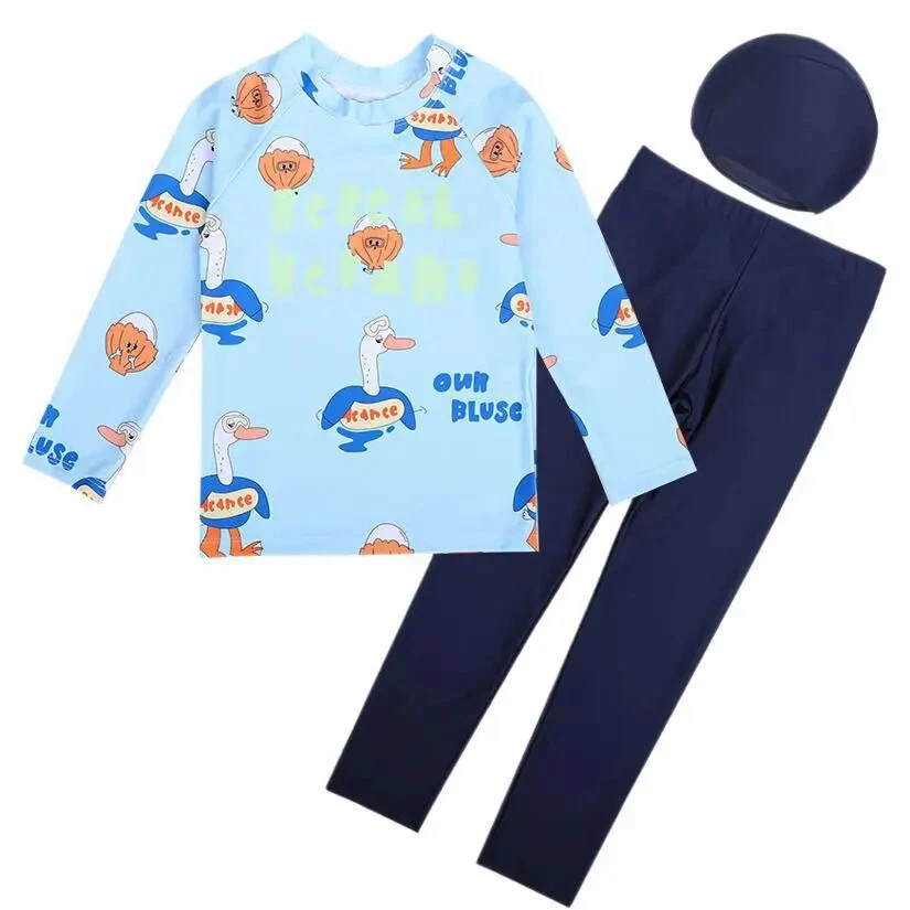 Roupa de banho para meninas meninos fofa estampada manga longa calças praia - Imagem 3 de 4