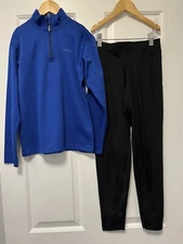 Patagonia 10 Kid MEDIUM Boy CAPILENE SET Zip Neck Top Pant BASE LAYER Blue Black