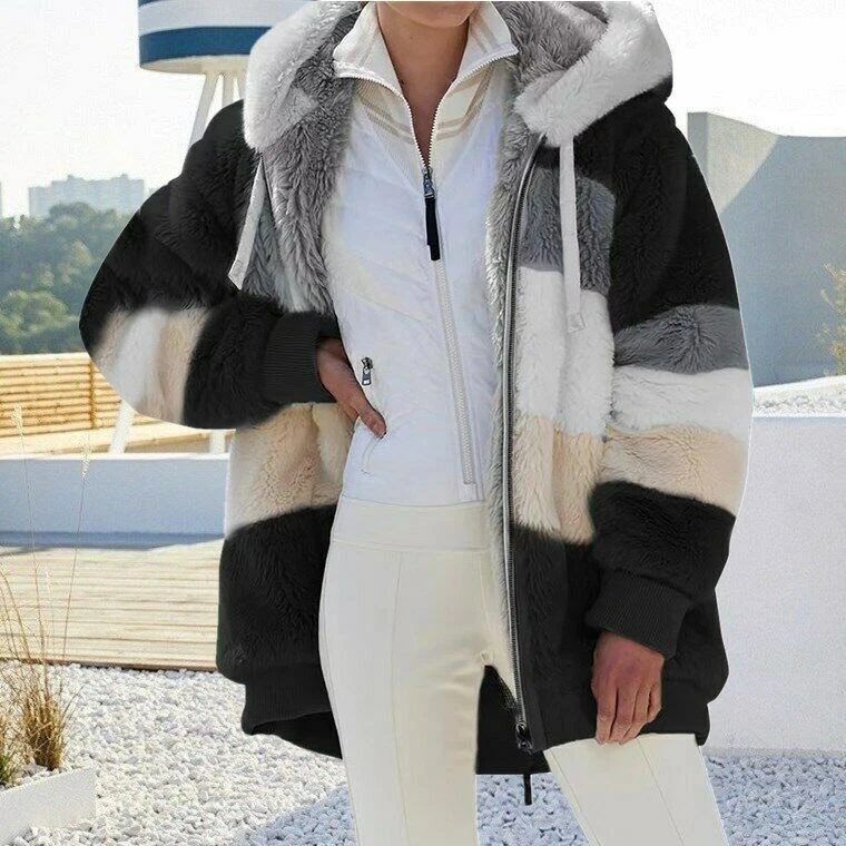 Women's Fur Fluffy Hooded Jacket Parka Coat Fleece Winter Warm Overcoat Outwear - Image 4 of 4