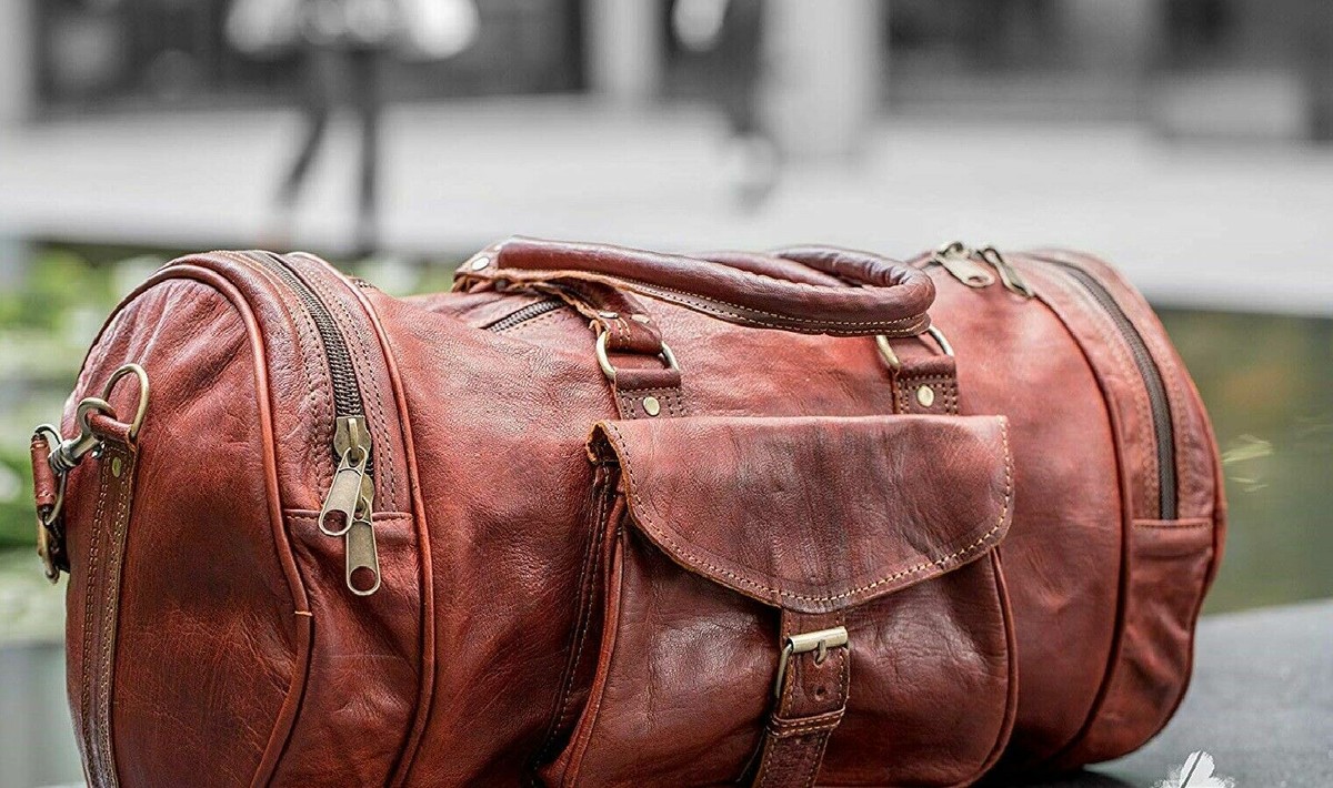 Round Large Vintage Men Real Leather Tote Luggage Travel Bag