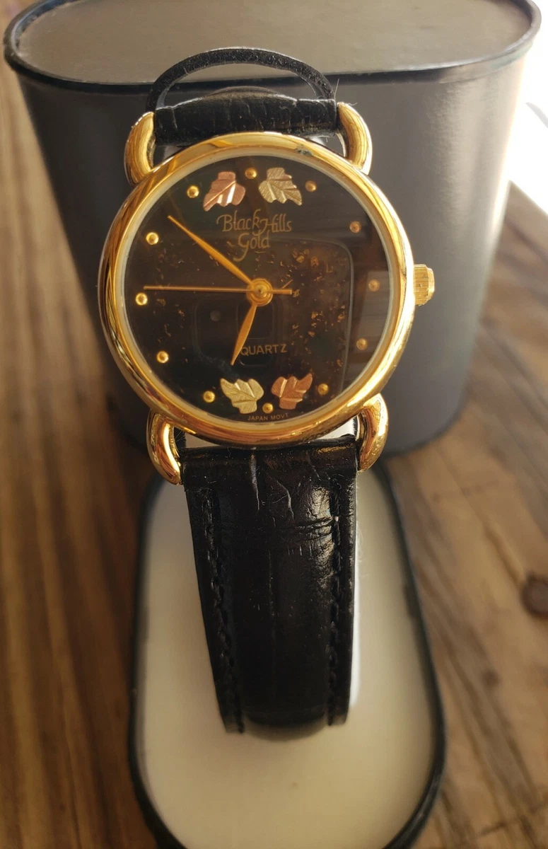 Women s Black Hills Gold Watch 12K Gold Leaves Black Leather Band