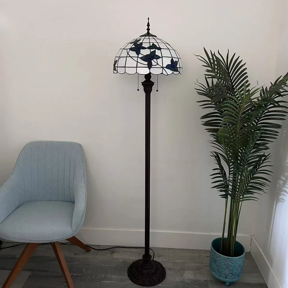 Tiffany Style Floor Lamp White Stained Glass Flowers Metal Base 64"H*16"W*16"D - Image 3 of 4