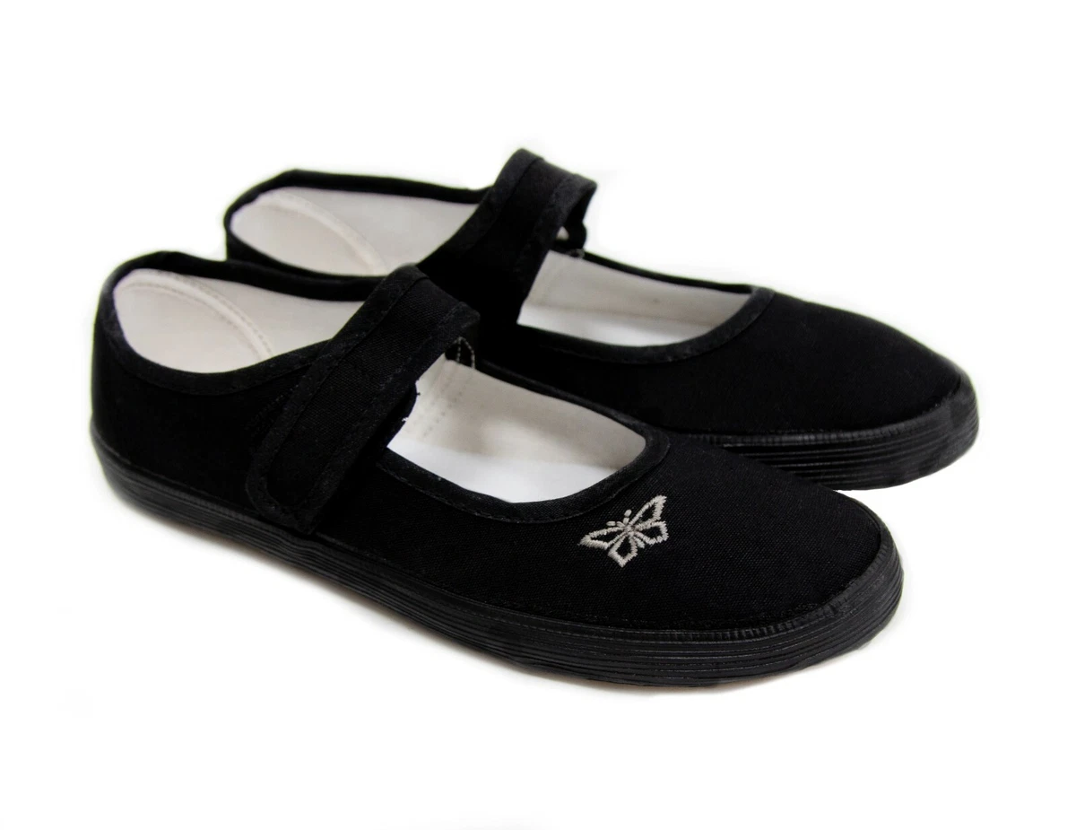 Girls School Pumps Butterfly Touch Fastening Dance Plimsolls Black PE Trainers