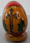 Hand-Painted Red Wooden Egg Nativity Crucifixion Religious Icon Art Collectible