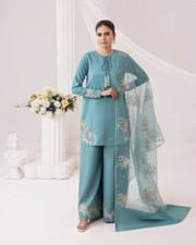 Wedding Collection Pure Natural Crepe Sky Blue Top Palazzo And Dupatta For Women