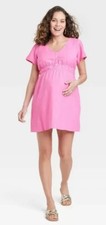 Isabel Maternity Short Sleeve Woven Mini Maternity Dress w/ Pockets Pink Sz M