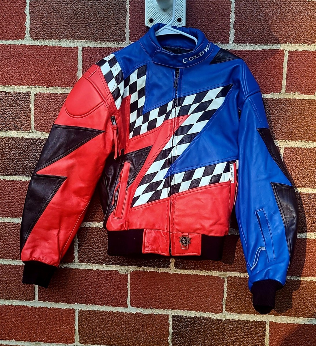 Mens XS Cold Wave Leather Snowmobile Jacket Checkerboard Blue