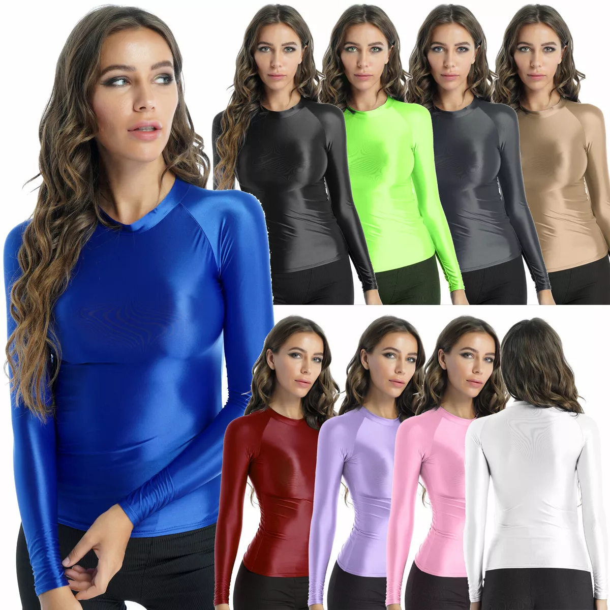 Womens Shiny Silky Long Sleeve T-Shirt Gym Tops Yoga Shirts