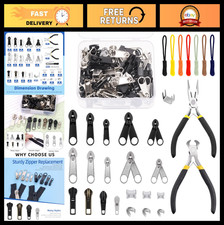 144pcs Zipper Repair Kit - 62 Replacements, 70 Stops, 10 Pulls, Pliers & Sliders