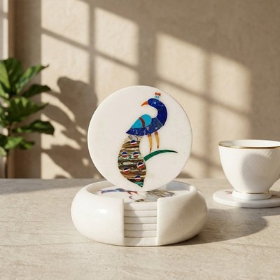 White Marble Coaster Set with Multi Color Gemstone Inlay, For Teas & Coffee