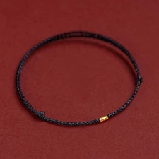 Elegant Pure Black Hand Woven Knot Gold Plated Threaded Bead Rope Bracelet