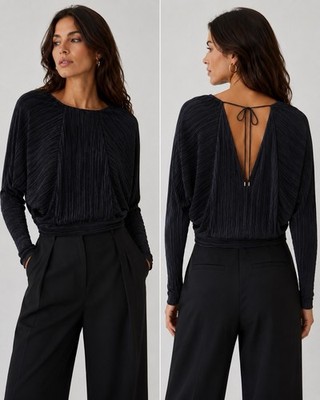ZARA W&B Pleated Open Back Blouse Women s Small Black Long Sleeve Top