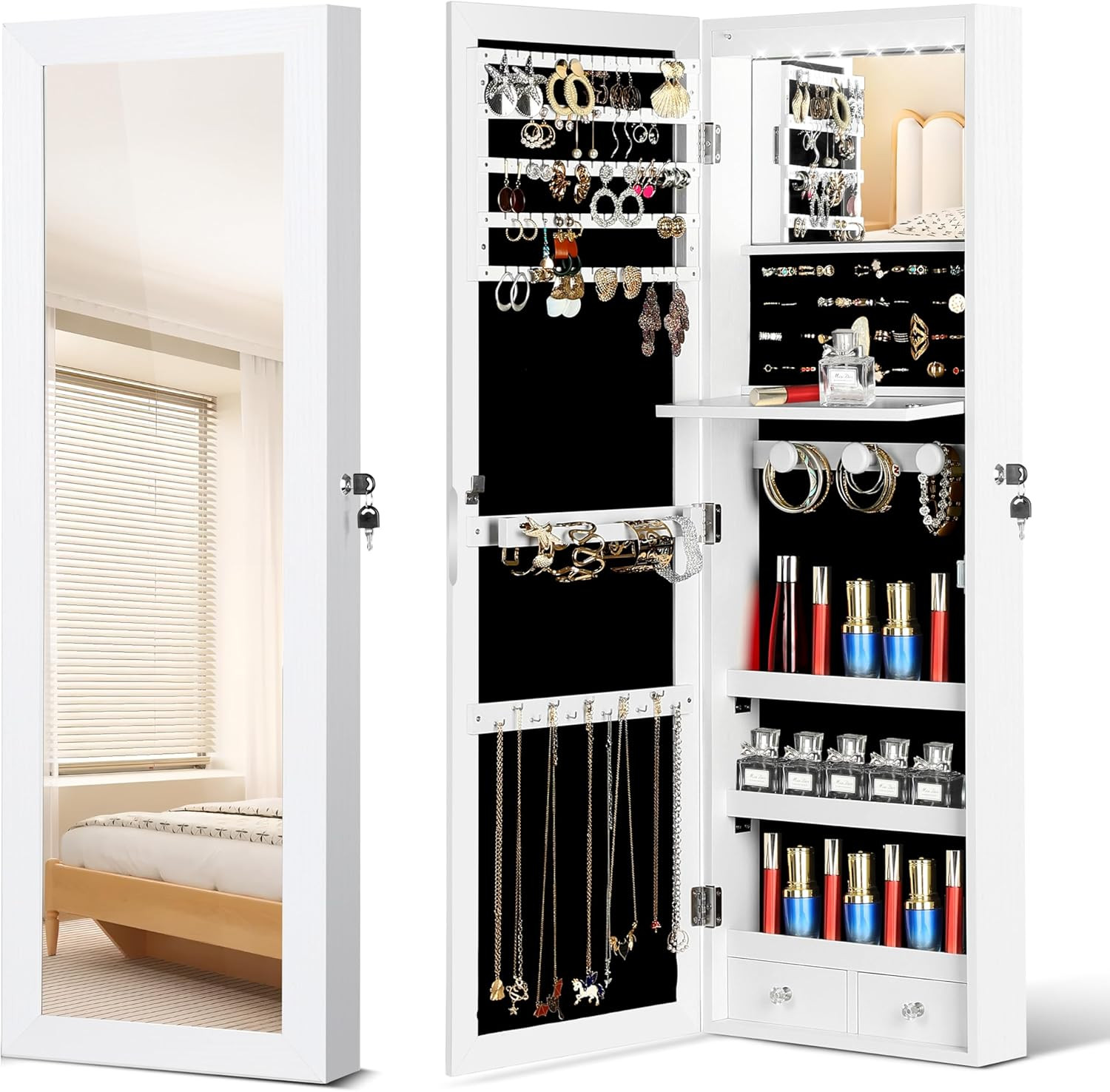 Mirror Jewelry Organizer, Wall/Door Mounted Jewelry Armoire 