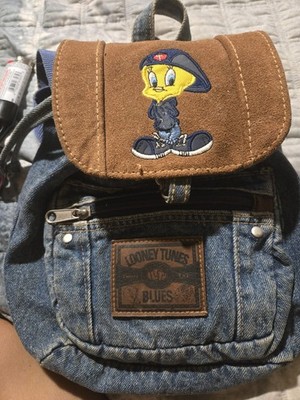 Looney Tunes Tweety Denim Drawstring Backpack Embroidered Pockets Small Blue