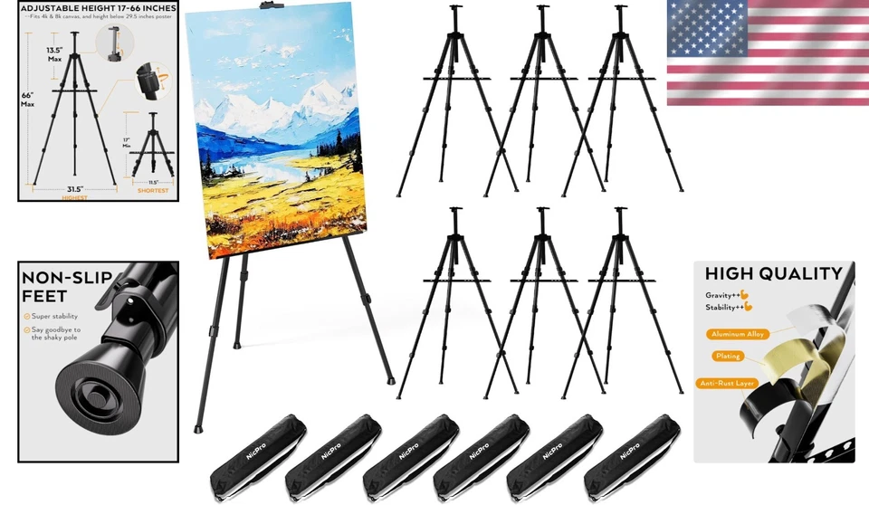 Adjustable Height Art Easels - 6 Pack Black Aluminum Tripods - Image 2 of 4