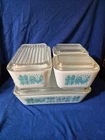 VINTAGE PYREX TURQUOISE AMISH BUTTERPRINT REFRIGERATOR DISH SET WITH LIDS READ