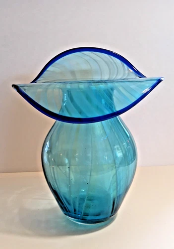 Blenko Glass 2021 Ripple Vase 6419 Jack In Pulpit Ice Blue Cobalt Rim 11"